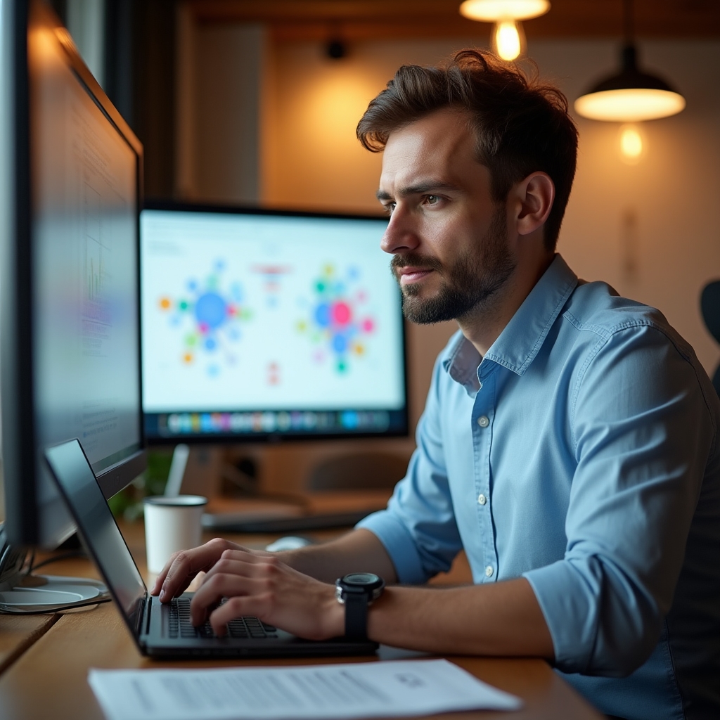 Keyword researcher analyzing search data on laptop in collaborative workspace
